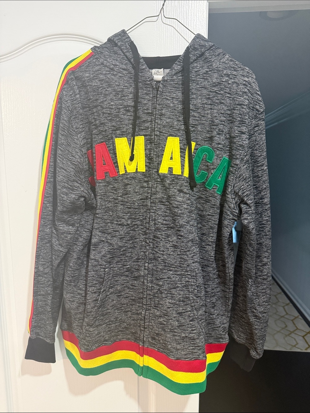 Gray Zip-Up Hoodie with Red, Yellow & Green Accents JAMAICA